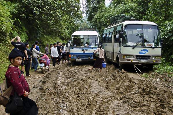 Bus Stuck Mud Road Laos