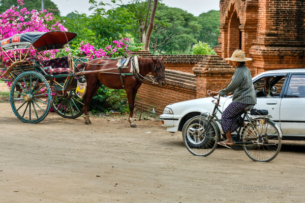 Horse cart, taxi and bicycle in Bagan, Myanmar