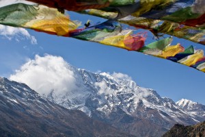 Prayer flags over the Annapurna range, Nepal