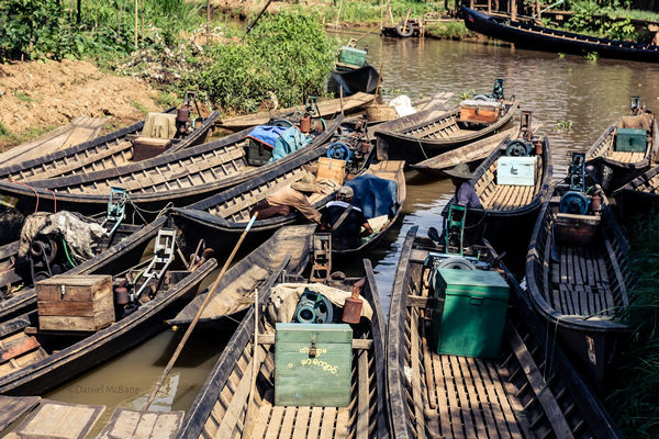 Boats parked in Ywama village on Inle Lake in Myanmar